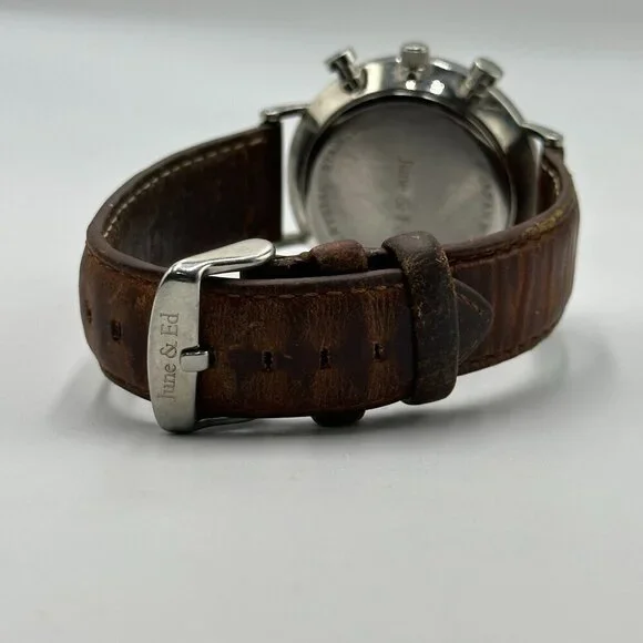 June & Ed Chronograph Watch Men Silver Tone 41MM Dial Date Window New Battery - Picture 10 of 13